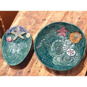 Art Pottery seashell Dish and Bowl Handmade Beach Theme signed